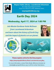 Flyer about History of Earth Day talk at Wayne Public Library